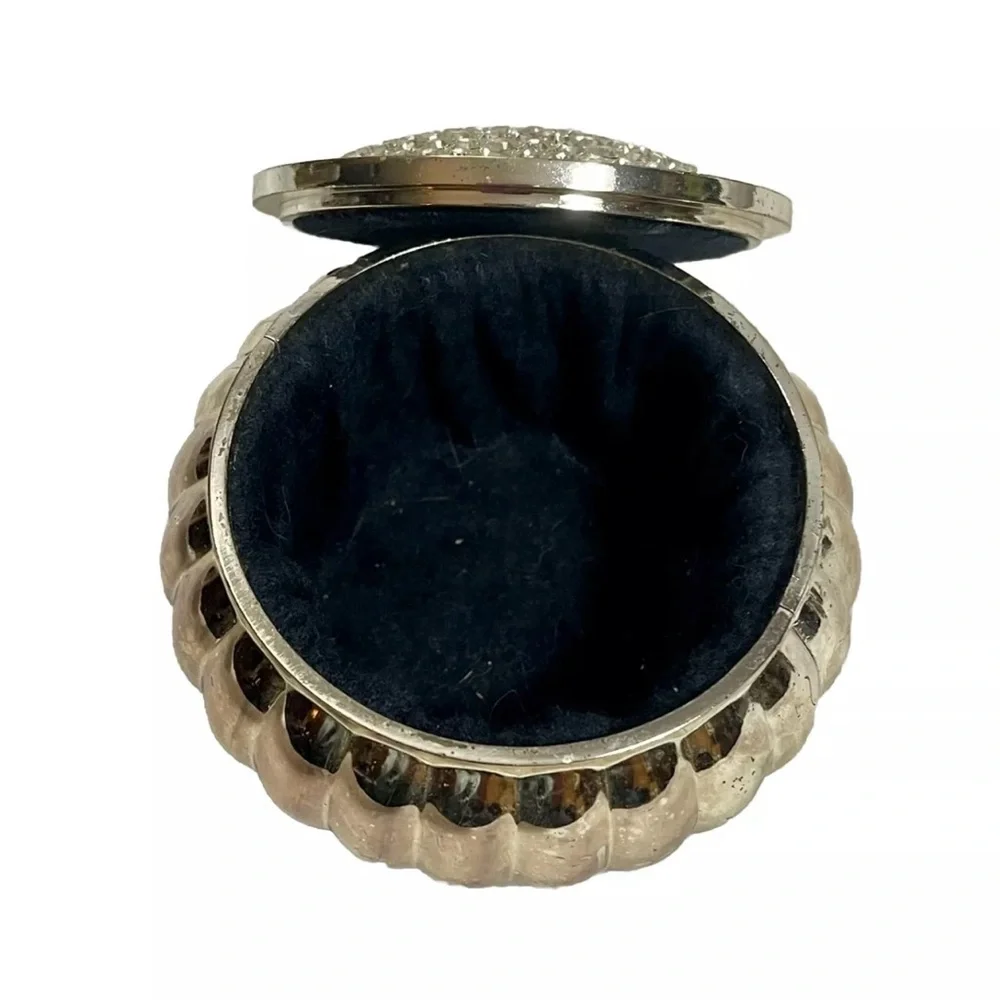 Vintage Silvertone Metal Ribbed Round Jewelry Trinket Jar Rhinestone Covered Lid